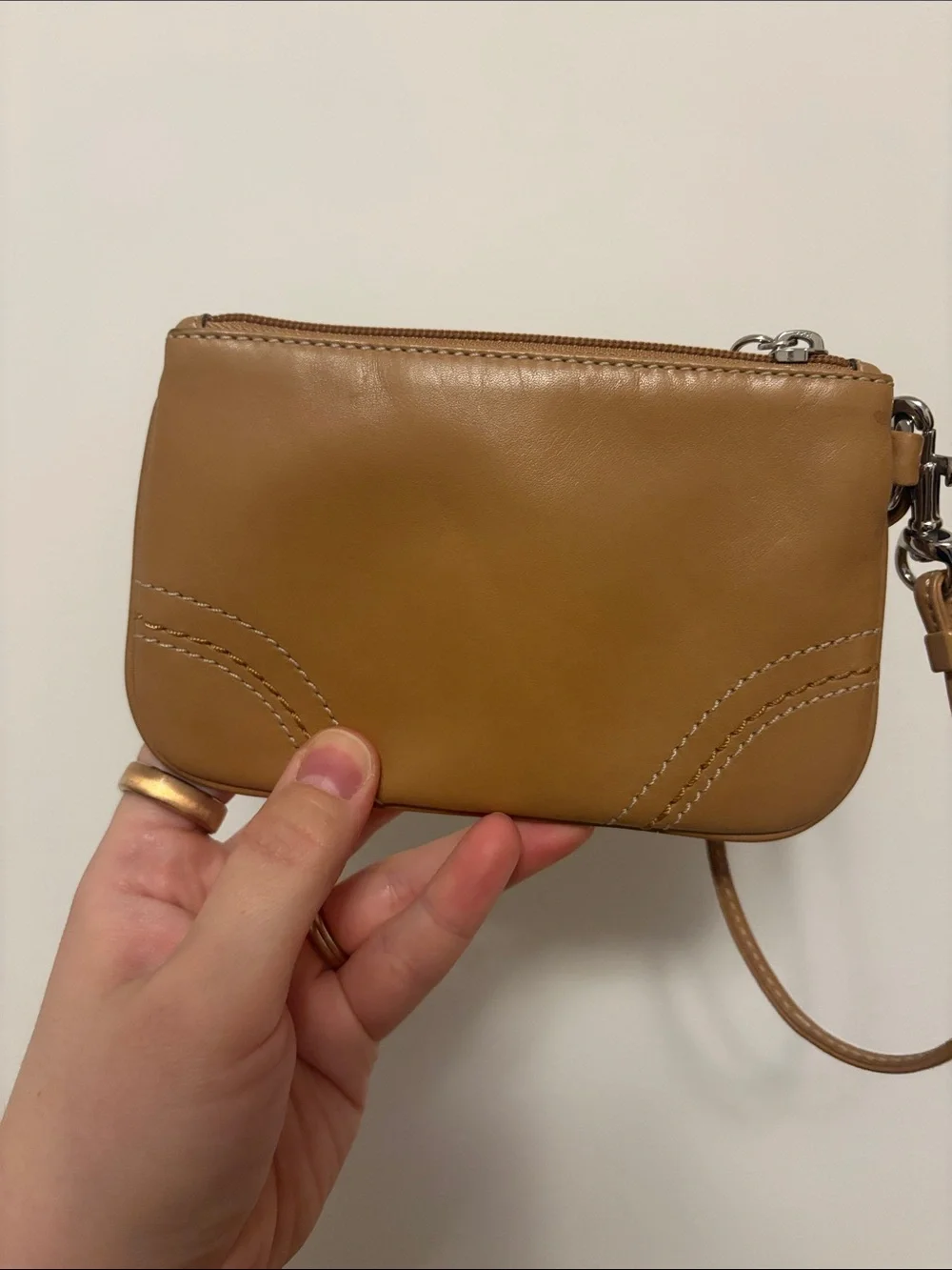 Coach Tan Leather Wristlet with Logo Patch
